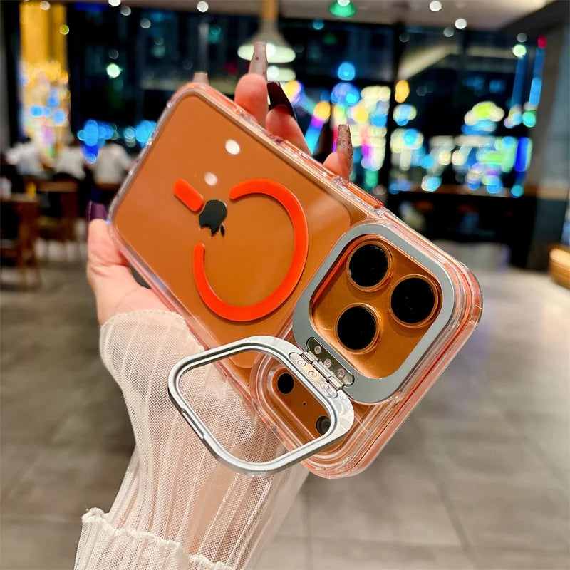 Luxury Metal Bracket Orange Stand Phone case for iphone 16 17 Invisible Magnetic Stand Phone Cover for iphone 16 15 14 13 12 Pro