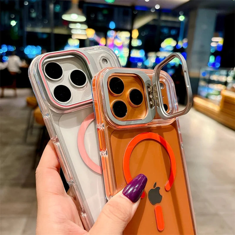 Luxury Metal Bracket Orange Stand Phone case for iphone 16 17 Invisible Magnetic Stand Phone Cover for iphone 16 15 14 13 12 Pro