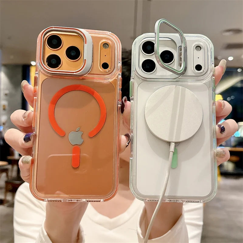 Luxury Metal Bracket Orange Stand Phone case for iphone 16 17 Invisible Magnetic Stand Phone Cover for iphone 16 15 14 13 12 Pro