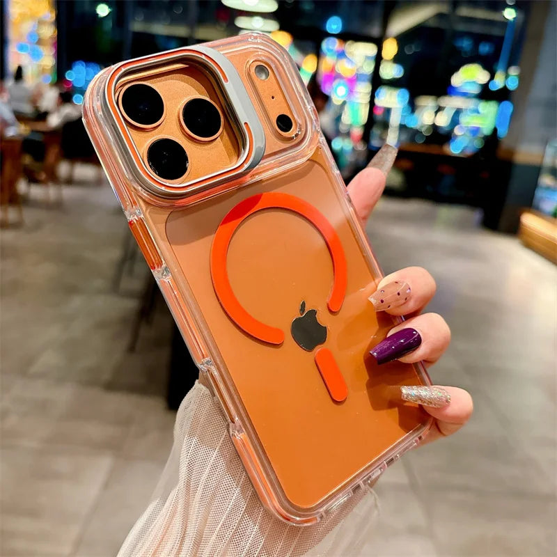 Luxury Metal Bracket Orange Stand Phone case for iphone 16 17 Invisible Magnetic Stand Phone Cover for iphone 16 15 14 13 12 Pro