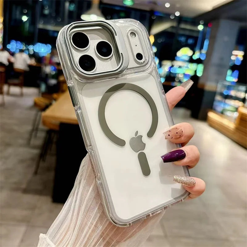 Luxury Metal Bracket Orange Stand Phone case for iphone 16 17 Invisible Magnetic Stand Phone Cover for iphone 16 15 14 13 12 Pro
