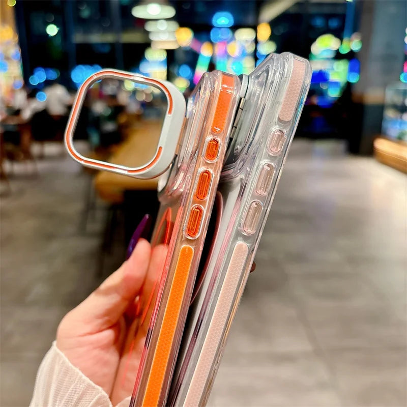 Luxury Metal Bracket Orange Stand Phone case for iphone 16 17 Invisible Magnetic Stand Phone Cover for iphone 16 15 14 13 12 Pro