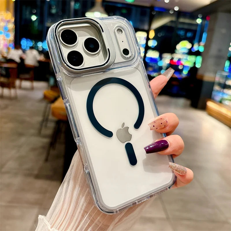 Luxury Metal Bracket Orange Stand Phone case for iphone 16 17 Invisible Magnetic Stand Phone Cover for iphone 16 15 14 13 12 Pro