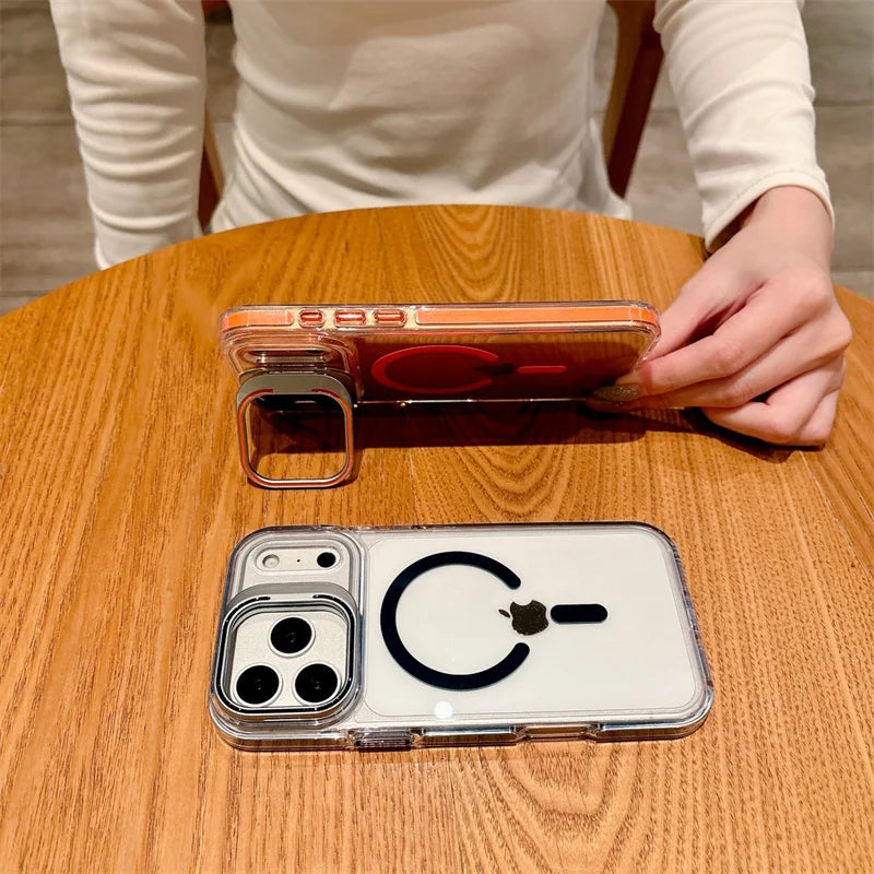 Luxury Metal Bracket Orange Stand Phone case for iphone 16 17 Invisible Magnetic Stand Phone Cover for iphone 16 15 14 13 12 Pro