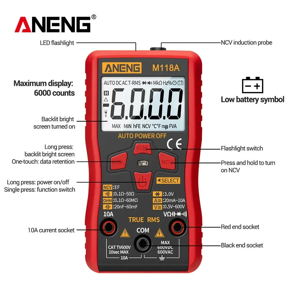 Digital Multimeter Mini Mmultimetro 6000 Count ANENG M118A AC Voltage Auto Capacitance Resistance Diode Meter NCV Tester Tool